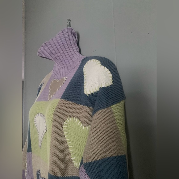 💜Vintage 80-90s “Handknit” Pastel Heart Turtleneck Sweater 100% Cotton size M💜 - Picture 3 of 7